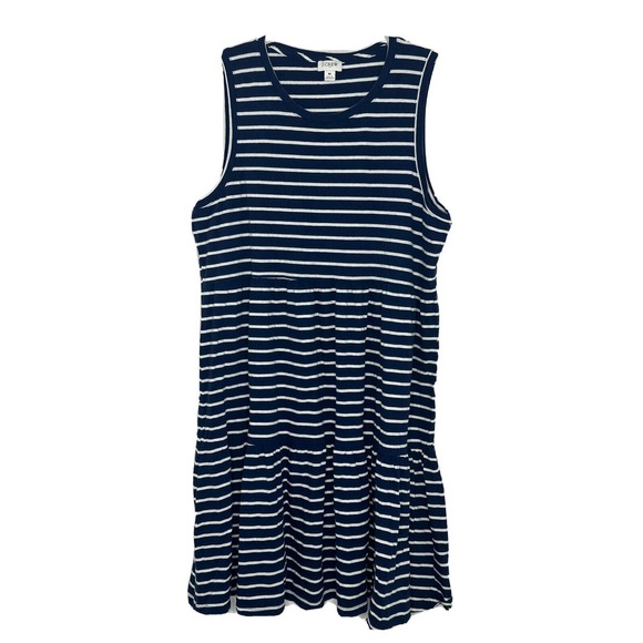 J.Crew Factory White Navy Blue Striped Sleeveless Ruffle Knee Length Dress Sz M - Picture 1 of 5